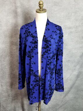 Vintage Slinky Brand Blue & Black Floral Burnout Velvet Open Cardigan Jacket L
